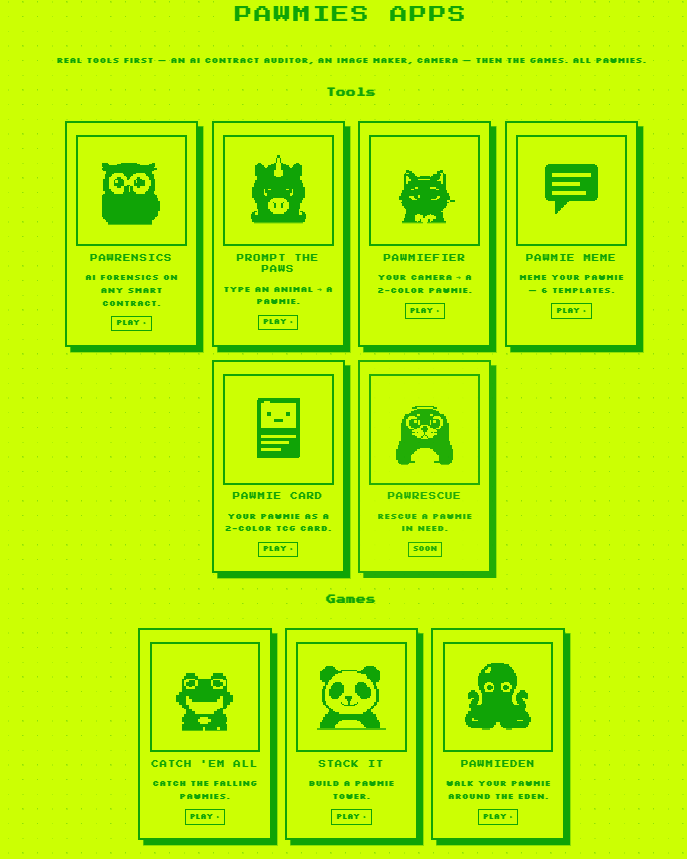 PAWMIESnft's tweet photo. PAWMIES mint is coming and we have already made apps which you can find here
https://t.co/zGGej79NeC

and for agent tools you can use this link
https://t.co/5DpNjphFF1

6 tools and 3 games in under pawmie apps 
7 @opensea agent tools

Keep building keep shipping! https://t.co/hwV4IBnay8