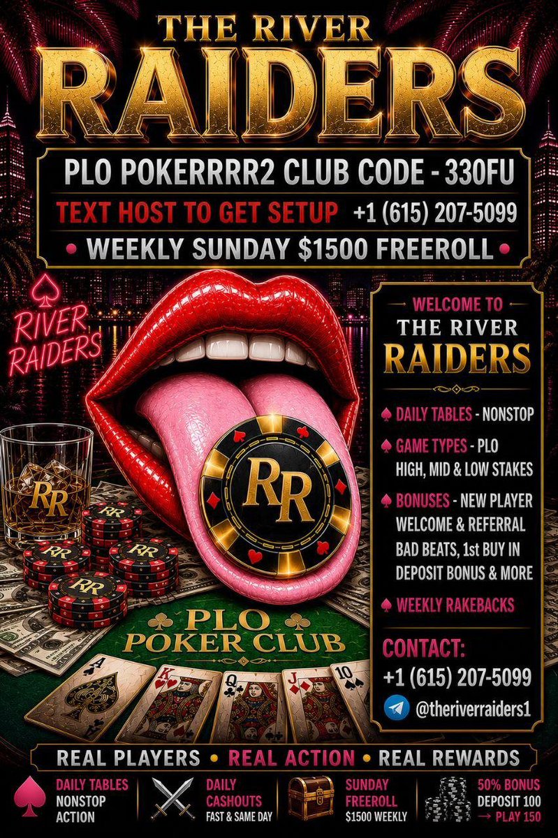 SpidaDonley's tweet photo. 🔥JOIN THE RIVER RAIDERS🔥 P2 CODE - 330FU
TELEGRAM - @theriverraiders1

🔥WELCOME TO - THE RIVER RAIDERS🔥
     🤝 TRUSTED CLUB SINCE - 2020 🤝

Pokerrrr2 App ☑️
Code 330fu✅

🔥 $1500 weekly FREEROLL

🔥 Welcome & Referral Bonus 💰

🔥 PLO tables HIGH, MID AND LOW stakes Running daily 

🔥 Weekly Rakeback

🔥 Bad beats & more 💲

We use all payment methods 💵

#PokerClub  #OnlinePoker  #TexasHoldEm  #PokerFreeroll  #PokerPromotion  #PokerBonuses  #FreePokerChips  #NewPlayerBonus  #JoinAndPlay  
#PokerCommunity  #GrindWithUs