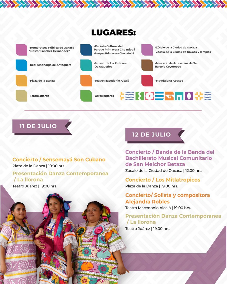 SECULTA_GobOax's tweet photo. 🎉 La cultura florece en cada rincón de Oaxaca.

Consulta la Agenda Cultural Semanal y vive Julio, mes de la Guelaguetza con conciertos, exposiciones, danza, cine, talleres y más.

¡Te esperamos!

#JulioMesDeLaGuelaguetza #Guelaguetza2026 #SECULTA #AgendaCultural #Oaxaca https://t.co/HP6m00aBXM