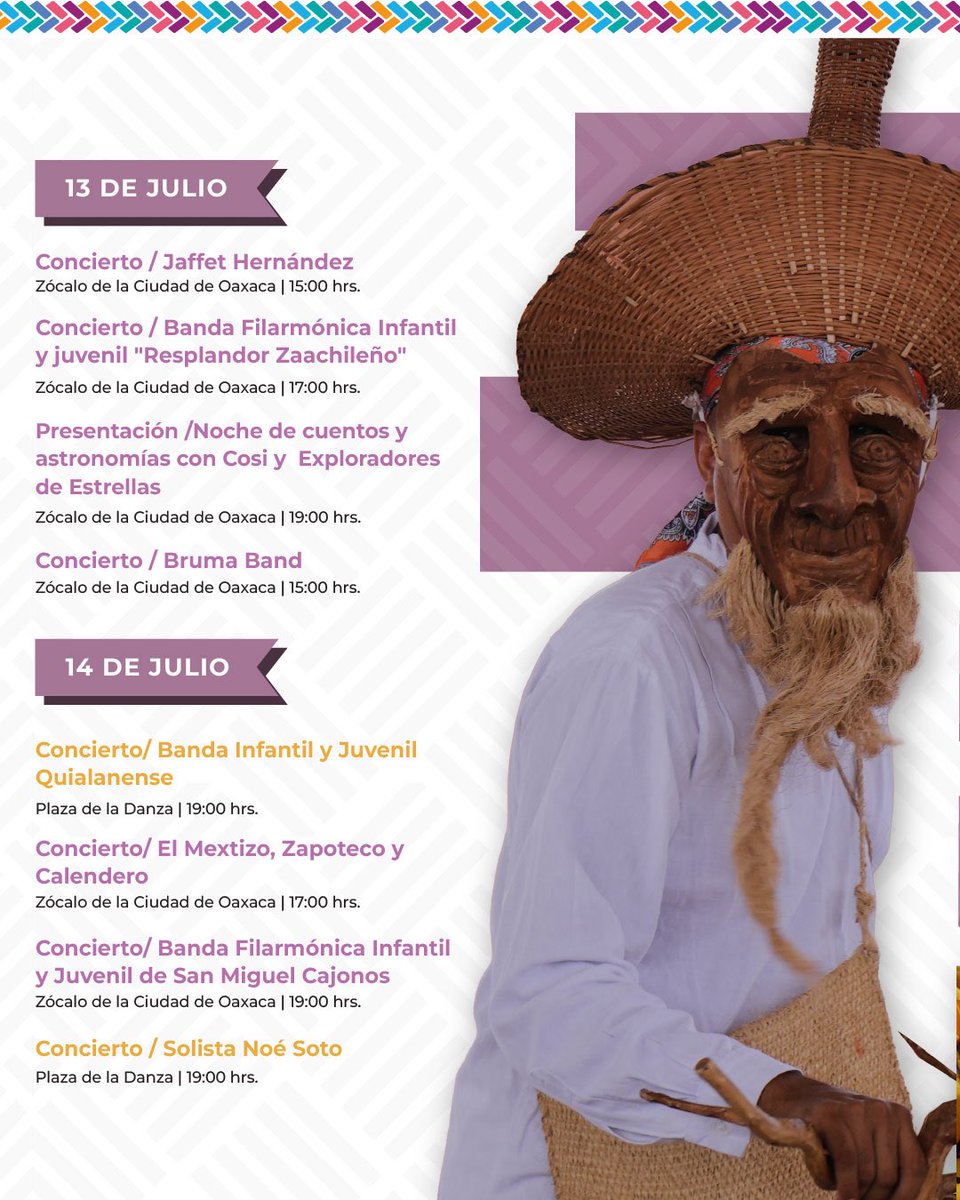 SECULTA_GobOax's tweet photo. 🎉 La cultura florece en cada rincón de Oaxaca.

Consulta la Agenda Cultural Semanal y vive Julio, mes de la Guelaguetza con conciertos, exposiciones, danza, cine, talleres y más.

¡Te esperamos!

#JulioMesDeLaGuelaguetza #Guelaguetza2026 #SECULTA #AgendaCultural #Oaxaca https://t.co/HP6m00aBXM