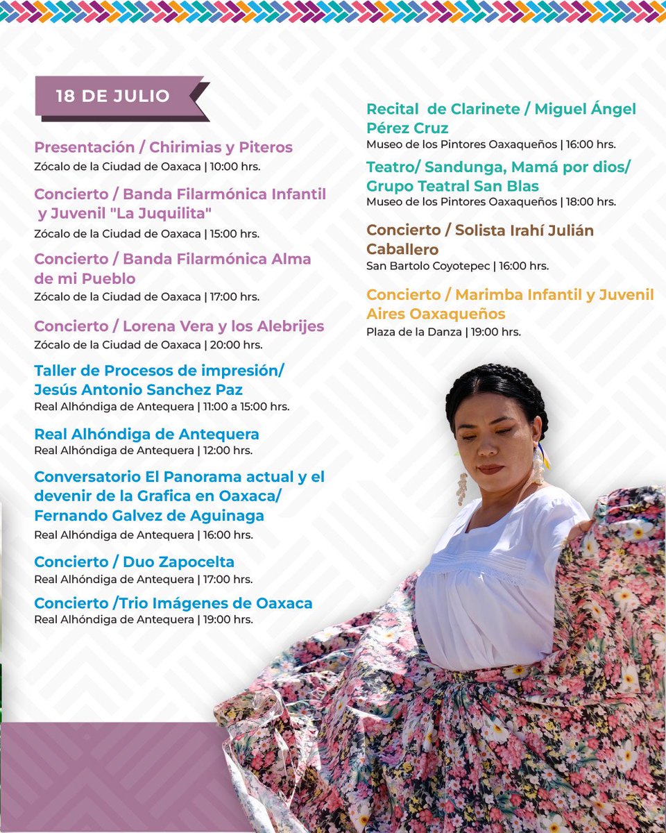SECULTA_GobOax's tweet photo. 🎉 La cultura florece en cada rincón de Oaxaca.

Consulta la Agenda Cultural Semanal y vive Julio, mes de la Guelaguetza con conciertos, exposiciones, danza, cine, talleres y más.

¡Te esperamos!

#JulioMesDeLaGuelaguetza #Guelaguetza2026 #SECULTA #AgendaCultural #Oaxaca https://t.co/lPpj6kUwM0