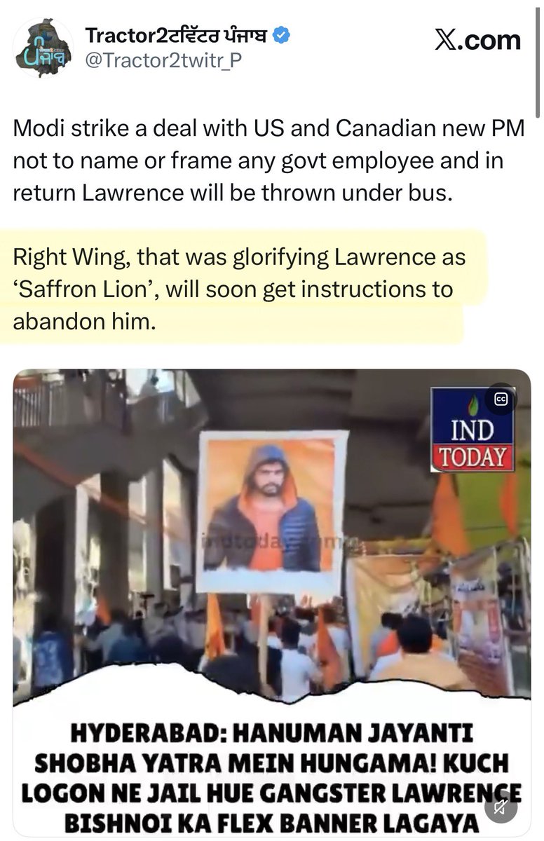Tractor2twitr_P's tweet photo. As expected bastards like Sekhar Gupta have been put to job to spread disinformation.

Lawrence Bishnoi has been hailed as “Saffron Lion”, his pictures are displayed at right wing processions and as per @samridhitewari @ShekharGupta he is a Khalistani now. https://t.co/BSvNRxcdbQ