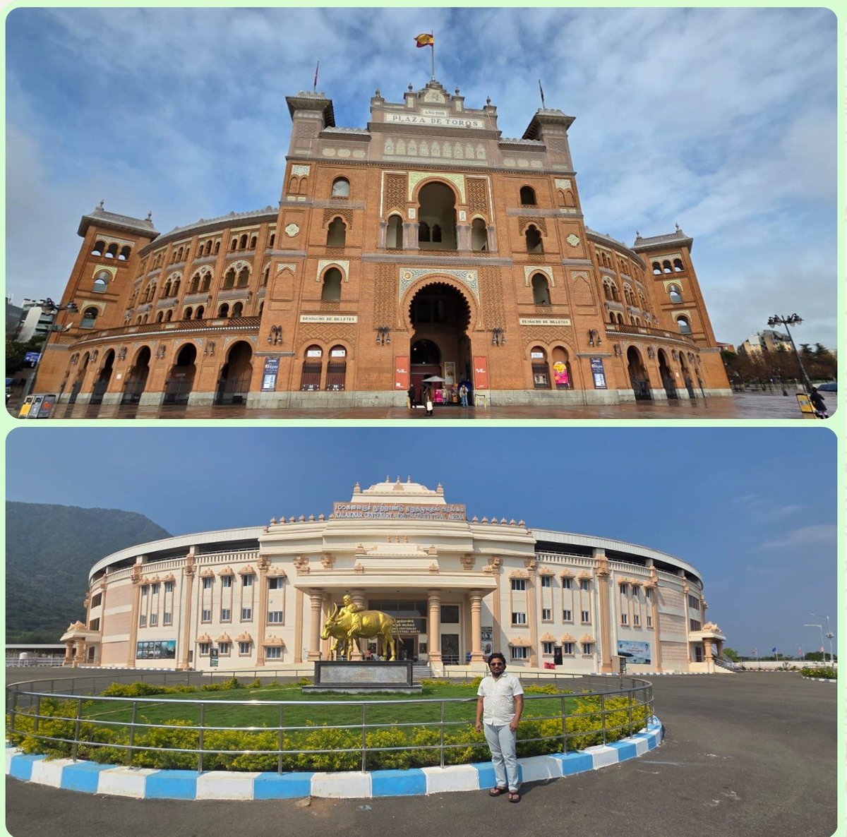 jeyaseelan_vp's tweet photo. Madrid Vs Madurai 

Spain capital Madrid's bullfighting arena & Madurai's 
Jallikattu arena, two cultures, two distinct traditions.
Different histories, united by heritage and identity.

Cultural tourism takes many forms. From Jallikattu to its timeless temples and vibrant traditions, Tamil Nadu @tntourismoffcl offers a rich and diverse cultural experience.

@incredibleindia
@ttdcofficial
