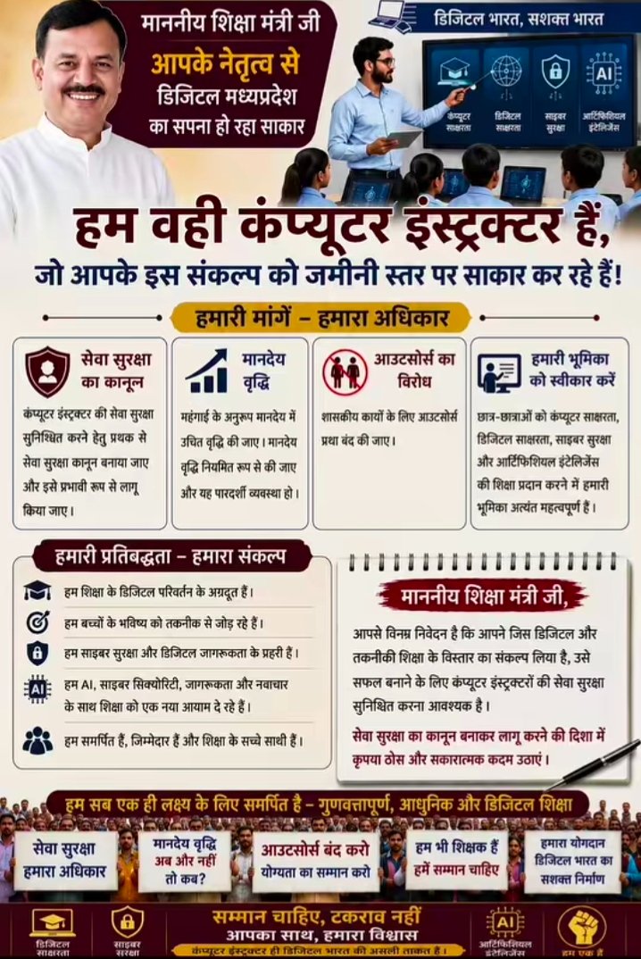 tayade_archana's tweet photo. @udaypratapmp माननीय मंत्री जी @udaypratapmp  ICT इंस्ट्रक्टर्स ने अपनी समस्याएँ आपके समक्ष रखी हैं। विद्यार्थियों के हित में कृपया ICT लैब पुनः प्रारंभ कराने एवं ICT इंस्ट्रक्टर्स की शीघ्र पुनर्नियुक्ति पर सकारात्मक निर्णय लेने की कृपा करें।🙏 https://t.co/JqA9LqLj3z