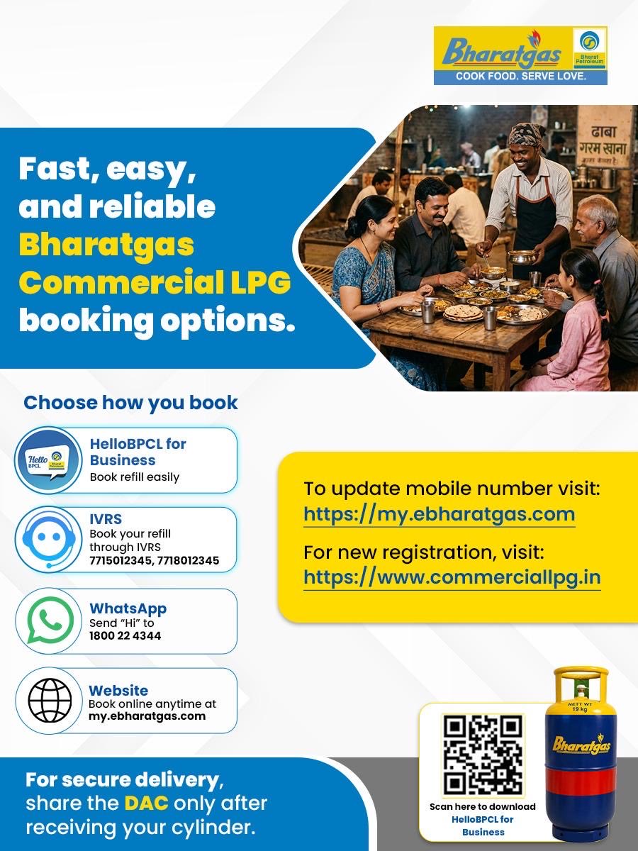 bpcl_lpg3308's tweet photo. Book your Bharatgas Commercial LPG cylinders through the booking channel of your choice and order quantity as per requirement. Reliable supply, seamless booking, and convenience—for your business.

@BPCLimited @BPCLLPG @PetroleumMin @HardeepSPuri @Secretary_MoPNG
#Bharatgas https://t.co/XJhQBzluOW