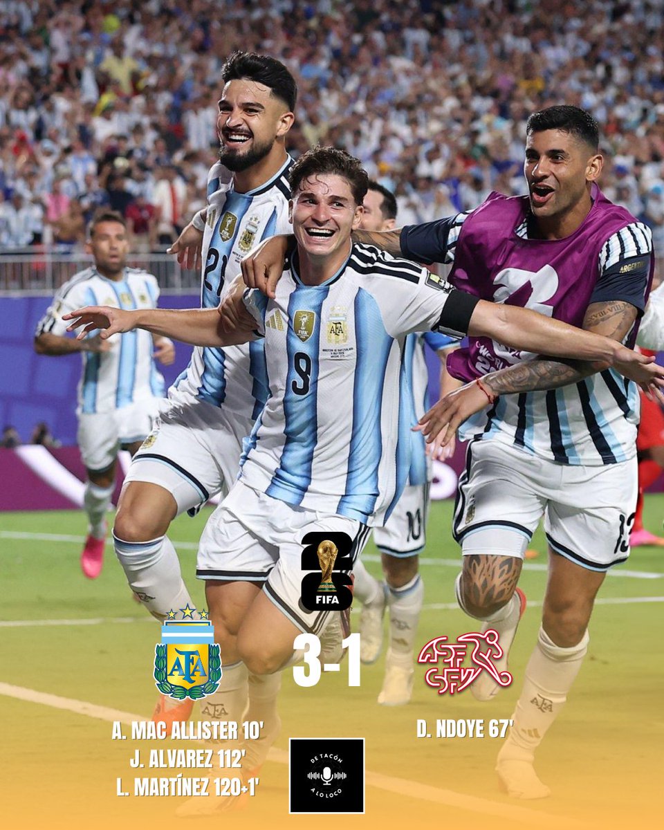 DeTaconALoLoco's tweet photo. 🔚 FINAL | 🇦🇷 ARGENTINA 3-1 🇨🇭 SUIZA

✅ Julián Álvarez salió al rescate de Argentina con un golazo en la prórroga, dando la victoria a la vigente campeona en un encuentro en el que Suiza resistió  y plantó cara con un jugador menos.

🏆 MVP: NICO ELVEDI

#mundialdefútbol2026 https://t.co/elL3QUyf42