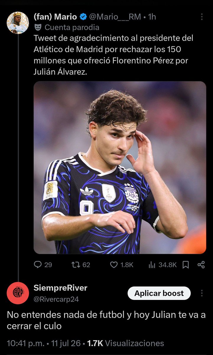Rivercarp24's tweet photo. Yo nunca voy a dejar de bancarte Julian, aunque haya españoles dolidos y argentinos q te bajan el precio. Hoy era tu día y se dio. sos el mejor delantero de la historia de este país. https://t.co/kijlq7Z7lK