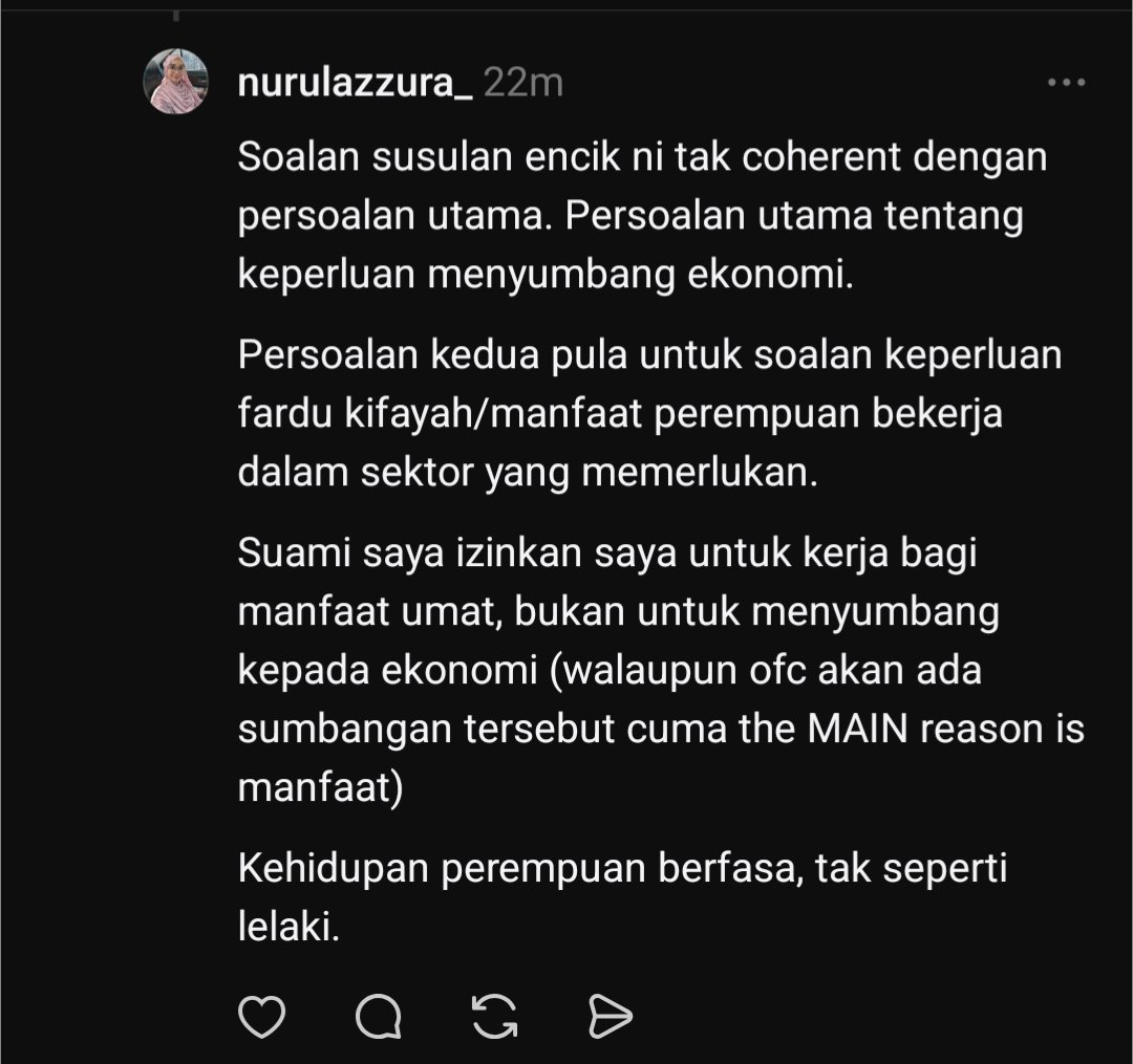 n_azzurajafri's tweet photo. Perempuan tak sama macam lelaki. Stop making women feel insufficient with whatever choice they made. 

Women empowerment should empower the quality in women which is NURTURING. https://t.co/ULiKELwFMW