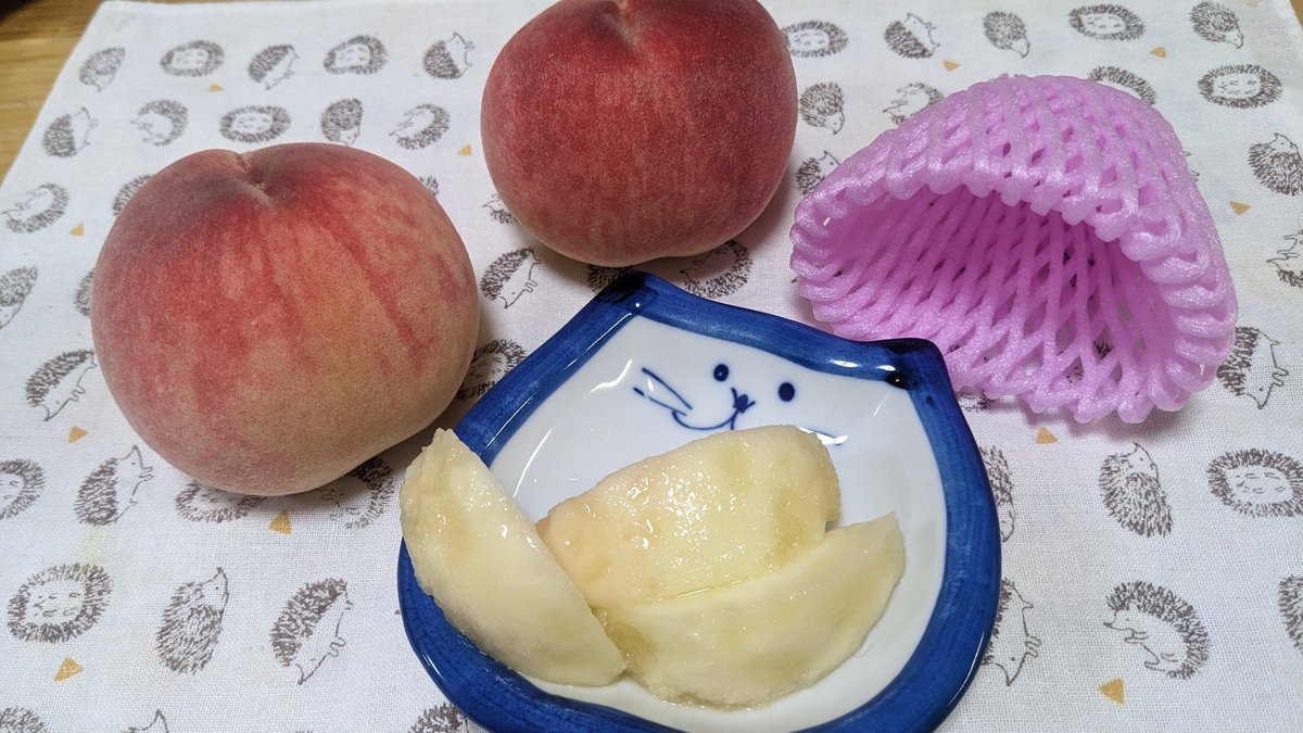 api421's tweet photo. #本日のおやつ♡
去年テレビか何かで見て、どうしても食べてみたくて桃仙人、前田農園さんの「白鳳」と「あかつき」お取り寄せ届きました🙌

食べ比べ
どっちも鬼ジューシー
白鳳×白桃=あかつき
種の周り赤っぽいのがあかつきで、私はあかつきの方が好みの味🍑😋

どんぶらこっこ〜どんぶらこ〜 https://t.co/RxOTzpIU74