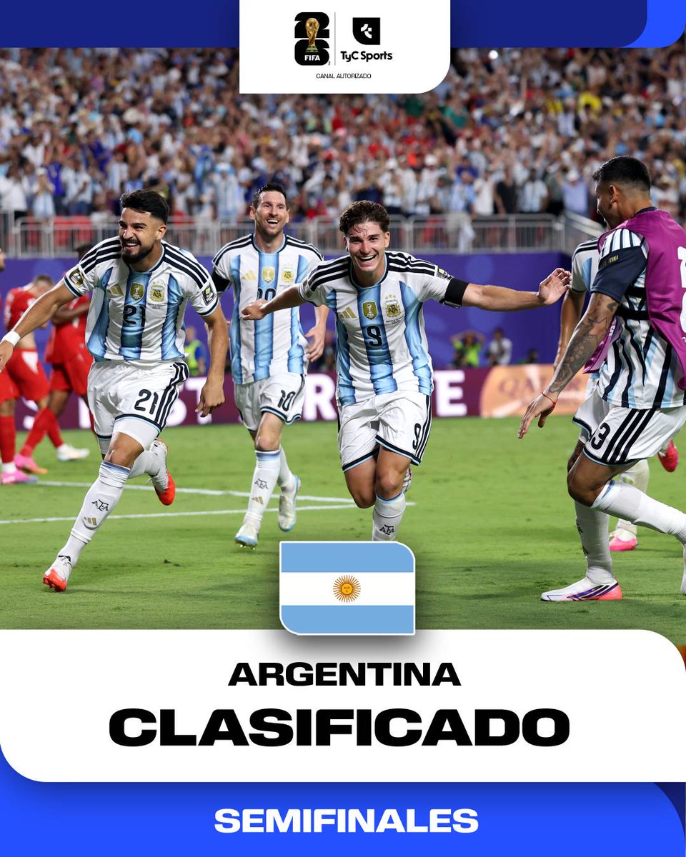 TyCSports's tweet photo. ¡¡ARGENTINA A SEMIS!! 🇦🇷

La selección de Lionel Scaloni superó a Suiza por 3 a 1 y se metió en las semifinales del Mundial nuevamente. En la próxima instancia, la Albiceleste se medirá con Inglaterra por el pase a la final. El partido será el miércoles 15 a las 16:00 horas. https://t.co/MluJxhTWxo