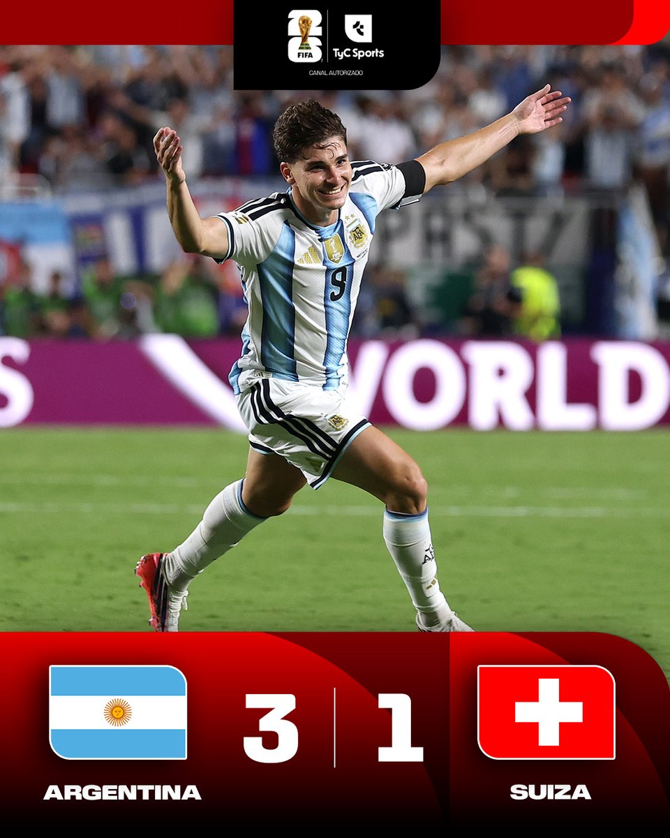 TyCSports's tweet photo. GANOOOOOOOOOOOOOOO ARGENTINA  🇦🇷🕷️

La Albiceleste venció 3-1 a Suiza en el tiempo extra, con goles de Alexis Mac Allister, Julián Álvarez y Lautaro Martínez, y jugará la semifinal del Mundial contra Inglaterra. Dan Ndoye había descontado para los europeos. https://t.co/tmHVjWv5OR