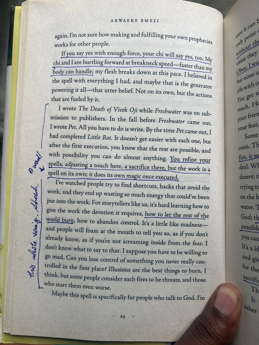 cynfinite's tweet photo. Have been digesting Akwaeke’s “Dear Senthuran” slowly, because it is so accurately on time.

“part of the rigor is staying, showing up for the work regardless of the conditions. This is ritual, religion, sacrifice, magic—this is the spell.

the spell is clear: face your work.” https://t.co/Kw40m1bz7H