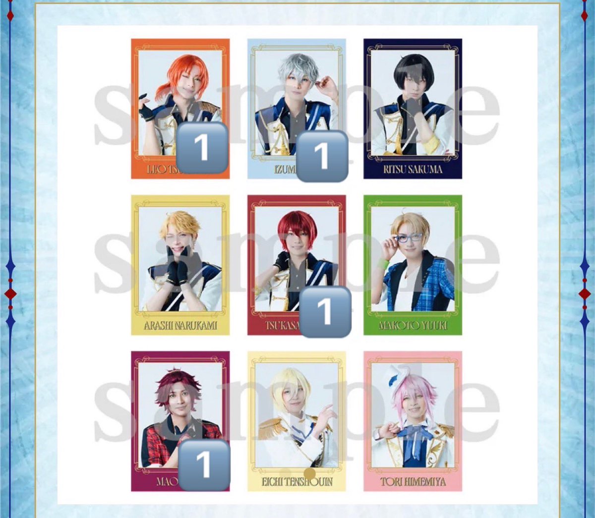 Baka_no_'s tweet photo. 交換
 Knights あんステ レクイエム 返礼祭 チェキ風カード 

譲 泉 司 真緒 英智 嵐 レオ
求 同異種凛月

本日12日公演 現地取引出来る方 https://t.co/XZ3Sjvb0N7
