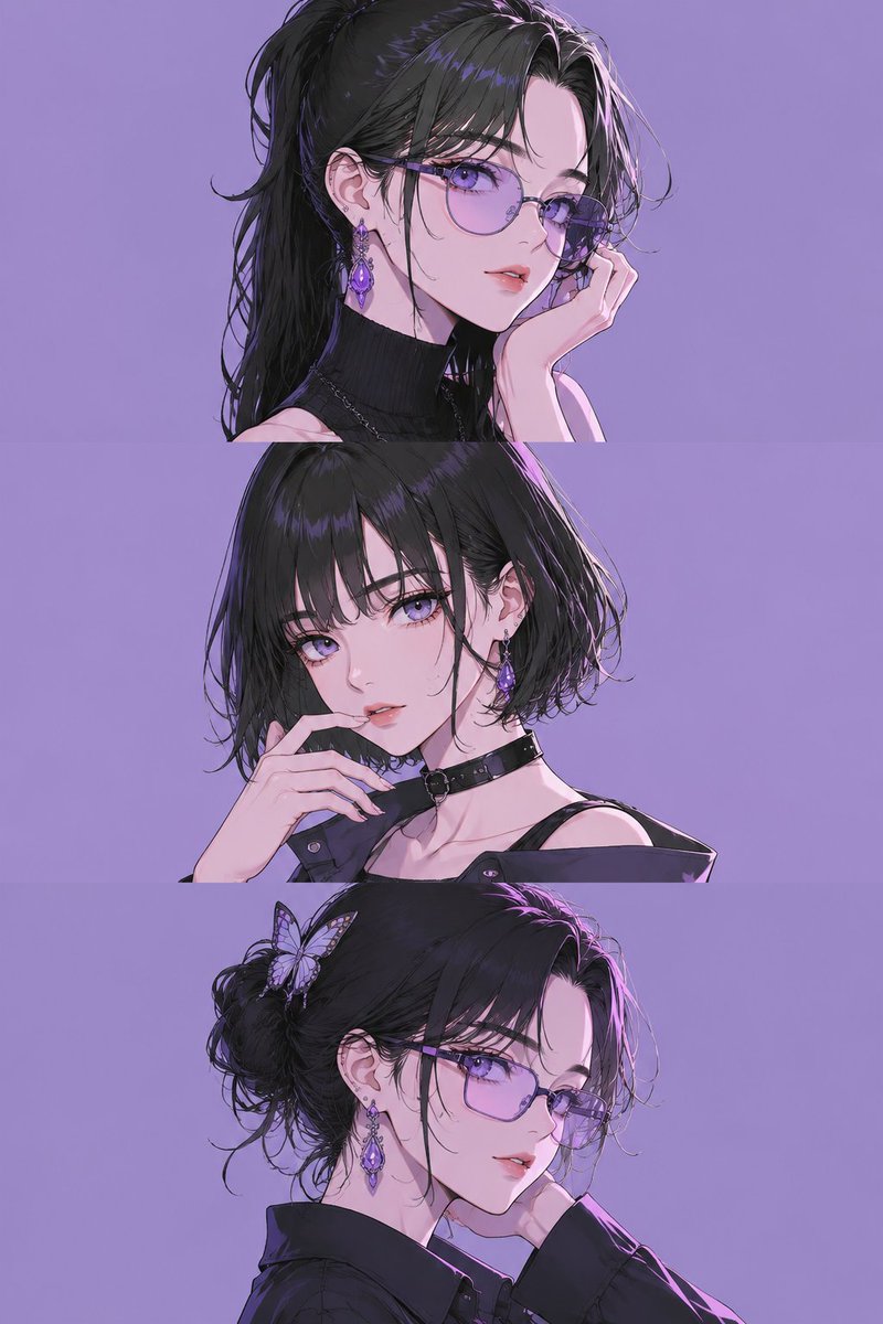 Karryjin9527's tweet photo. 三联幅二次元少女肖像：三格中的同一位女孩保持完全一致的脸型与五官。仅改变发型、眼镜、姿势、表情和配饰。纵向三联画，近景半身肖像，粗细分明的干净线稿，柔和赛璐璐上色，极简细节，单色系配色与纯色平背景，微妙的色彩反光，优雅耳环，现代日本插画，审美海��设计，高对比度，锐利五官，精品编辑风格，超细节，4K，杰作。