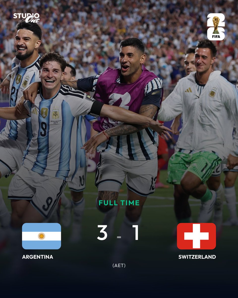 madebystudioone's tweet photo. Argentina survives the Swiss scare! Two extra-time goals seal a dramatic 3-1 victory over Switzerland. The march continues!

#WorldCup #FIFAWorldCup #WorldCup2026 https://t.co/n3f2wvSjiz