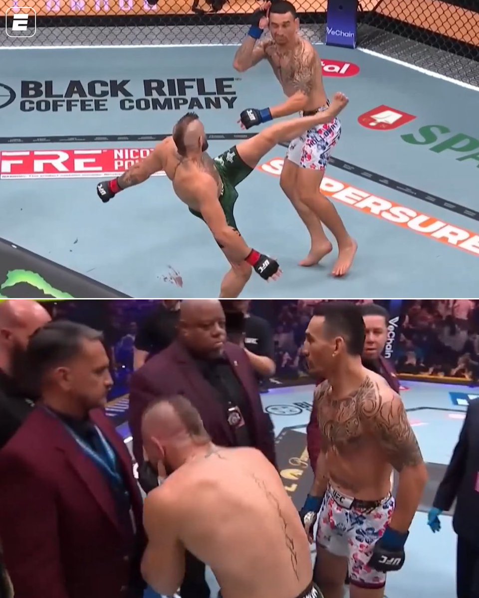 ESPNBrasil's tweet photo. INACREDITÁVEL! 😱😱😱 Conor McGregor lesionou o joelho com MENOS DE UM MINUTO DE LUTA e Max Holloway vence o evento principal do UFC 329.

#ESPNKnockOut #UFC https://t.co/dWcJrP0WQx