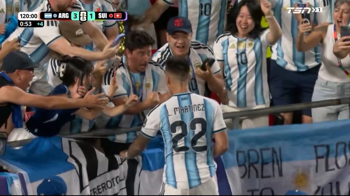 JO_BEST7's tweet photo. 🌝Lautaro Martínez, who’s already on a yellow card, scored, runs into the stands. According to the new FIFA rules at the World Cup, this is a yellow card. 

But of course he’s from Argentina 🇦🇷
#ARGSUI #WorldCupQuarterfina #worldcupdaily https://t.co/FtD075NYVH