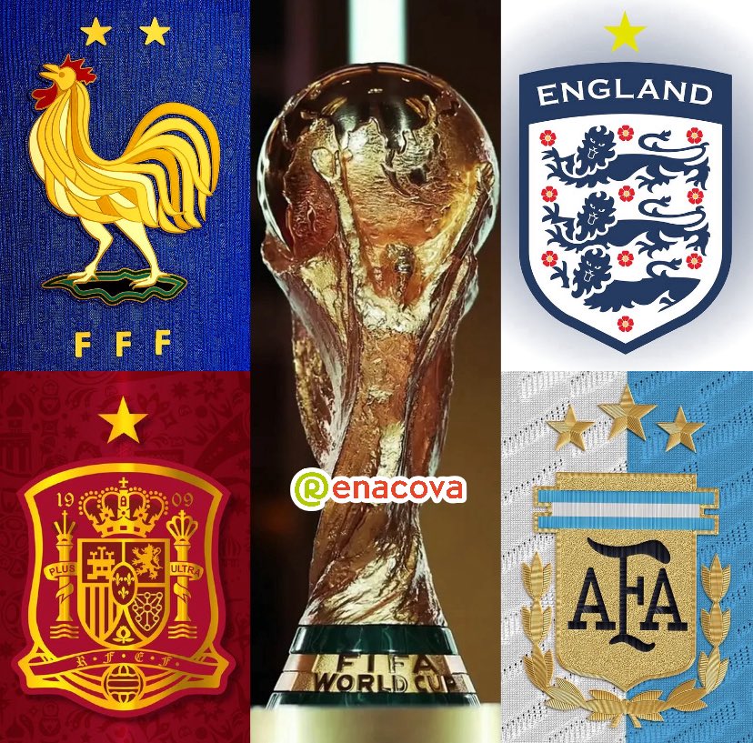 renacova's tweet photo. Las semifinales del mundial:

🇫🇷 Francia vs España 🇪🇸 
🏴󠁧󠁢󠁥󠁮󠁧󠁿 Inglaterra vs Argentina 🇦🇷 

La final será: __________________ https://t.co/o38xQjeMHZ