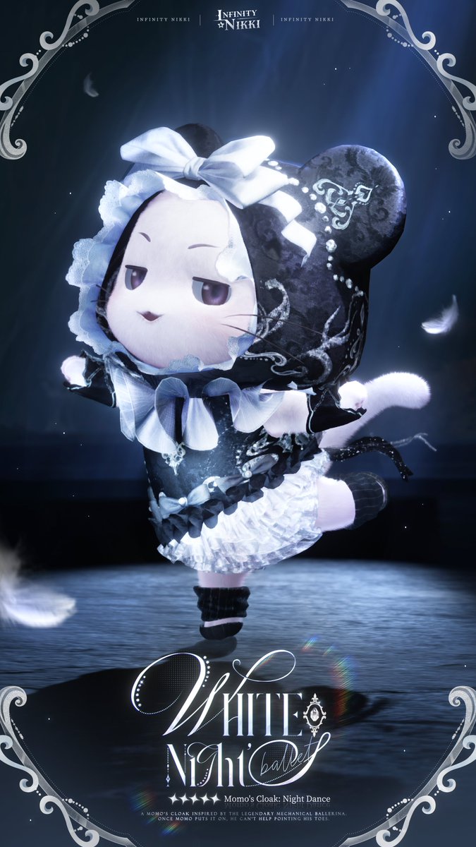 InfinityNikkiEN's tweet photo. ♾Whimsical Wardrobe | White Night's Ballet
>> Main Attribute: Cool

Chandeliers poured down golden light, illuminating her first tribute. Amid the crowd's astonishment, she raised her arms and spun, her black dress cleaving the Golden Age's most radiant long night. She was the most perfect miracle before the Titan King's throne, and the proudest invention of the age.

🩰Outfit Ability
[Spinning Reflections]: Spinning across mirrored planes, inverted reflections stir where illusion and reality entwine. Through the sleepless night, the dance knows no end.

🩰Outfit Details
[White Night's Ballet] can be evolved into the following outfits: [White Night's Ballet: Awakening] (Stage 1), [White Night's Ballet: Undercurrent] (Stage 2), and [White Night's Ballet: Flamewake] (Stage 3). Fully glow it up to obtain the [White Night's Ballet: First Glow] outfit.
>> Evolving the outfit to Stage 1 unlocks the pose [Graceful Leap].
>> Evolving the outfit to Stage 2 unlocks the Framed Moment item [Eternal Ballet]. You can also use Finale Heartchime in [Clothing Evolution > Action: Illusory Dance] to obtain the item [Dance of Golden Days: Illusory Dance] and the dance move [Flourishing Steps: Illusory Dance].
>> Evolving the outfit to Stage 3 unlocks [The Final Dance: Makeup], a new idle animation, poses, enhanced special effects, and alternative details for certain pieces.

🩰Limited-Time Resonance: [Through Songbound Night]
➤ Event Duration
After the Version 2.8 update on July 16, 2026 – August 27, 2026, 12:49 (UTC-7)
➤ Resonance Rewards
Based on your number of Resonance attempts, you can earn rewards such as selectable makeup boxes, an Avatar Frame, and a Momo's Cloak. Upon reaching 160 Resonance attempts, an [Ocean's Radiance Gift Box] can be claimed, which includes the item [Dance of Golden Days] and the dance move [Flourishing Steps].
➤ Resonance Rules
During the event, use Revelation Crystals or limited-time Revelation Crystals to resonate in [Through Songbound Night]. Every 10 Resonances guarantees one 4-star or higher piece, and every 20 Resonances guarantees one 5-star piece.
>> This Resonance event includes the "Ocean's Blessing" feature, allowing you to select one piece of the [White Night's Ballet] outfit for the upcoming Resonances. Once selected, for the first 5 times you obtain a 5-star piece, it will be the one you chose. Ocean's Blessing can only be used once, so please choose carefully.

♦ Note: Some makeup shown in the image is for reference only. The outfit's actual presentation may vary in the game.

——
➤ Infinity Nikki Version 2.8 Golden Dust launches globally on July 16 (UTC-7)!
➤ Download Now: https://t.co/soaPebzlY9
➤ Join us on Facebook Group: https://t.co/rabLOeX3ac
#InfinityNikki
#GoldenDust
#GoldenCity