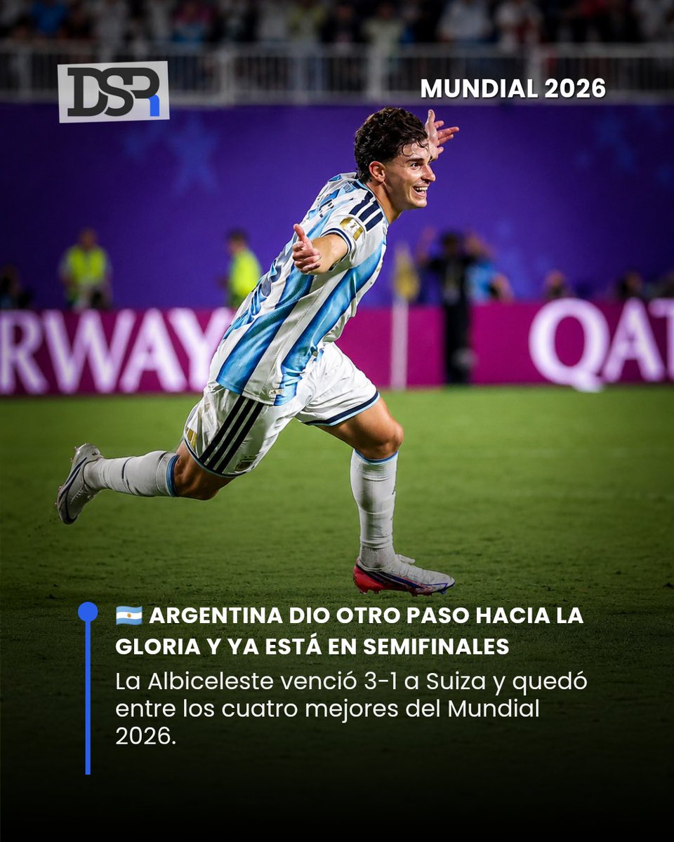 DSR_Estudio's tweet photo. La Selección Argentina derrotó 3-1 a Suiza en el tiempo suplementario y se clasificó a las semifinales del Mundial 2026. Tras igualar 1-1 en los 90 minutos, la Albiceleste volvió a demostrar carácter y jerarquía para resolver el partido en la prórroga.

#Argentina #Mundial2026 https://t.co/D3dpWS5xQI