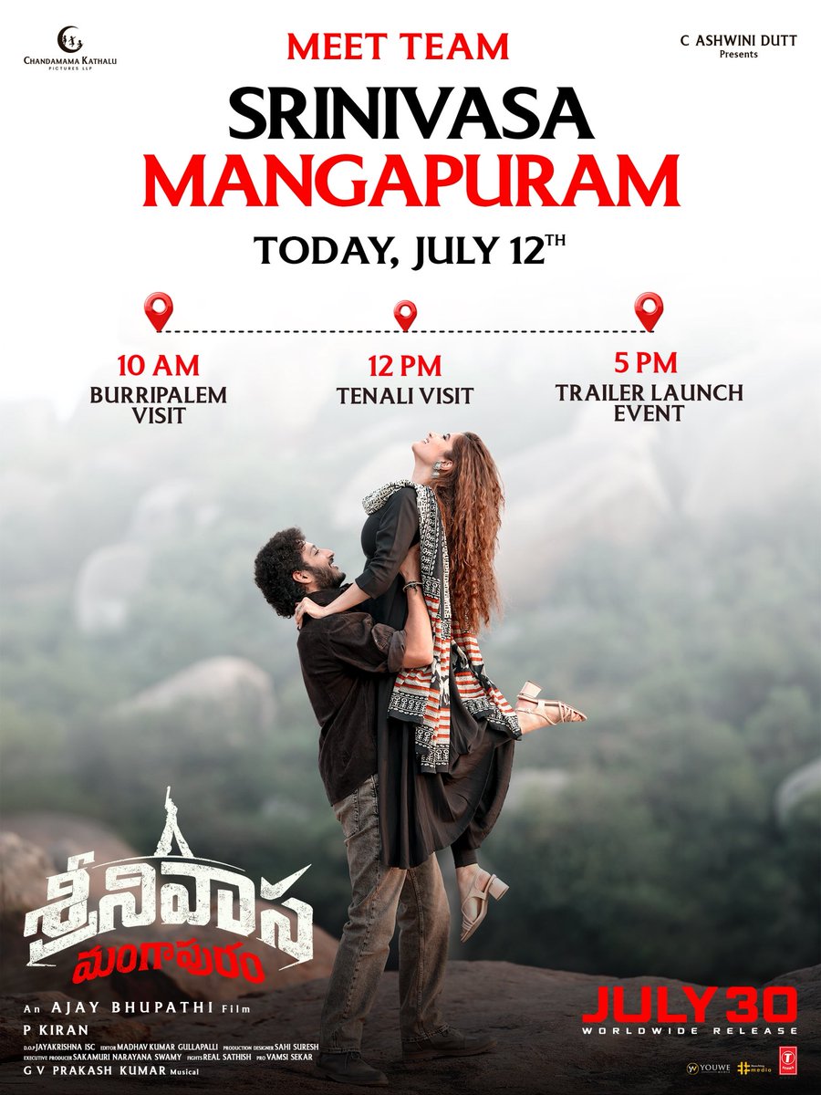 CKPicturesoffl's tweet photo. An exciting day awaits 🩶🩶🩶

Meet the team of #SrinivasaMangapuram today at Burripalem, Tenali &amp; Vijayawada. 💥

TRAILER OUT TODAY 🔥

Grand Release Worldwide on JULY 30th, 2026 ❤️‍🔥 https://t.co/RRv4Xfg3Hc