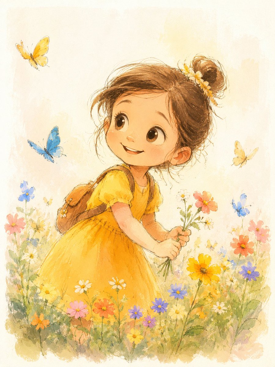Karryjin9527's tweet photo. A cute little girl playing in a flower garden,
wearing a yellow dress and a small backpack,
big expressive eyes,
gentle smile,
curious and joyful expression,
surrounded by tiny butterflies and flowers,
Hand-painted animation concept art,
warm children's storybook illustration,
pencil sketch lines with watercolor gouache painting,
soft paper texture,
visible brush strokes,
pastel colors,
minimal background,
early animation development art,
handcrafted brush strokes,
4K masterpiece