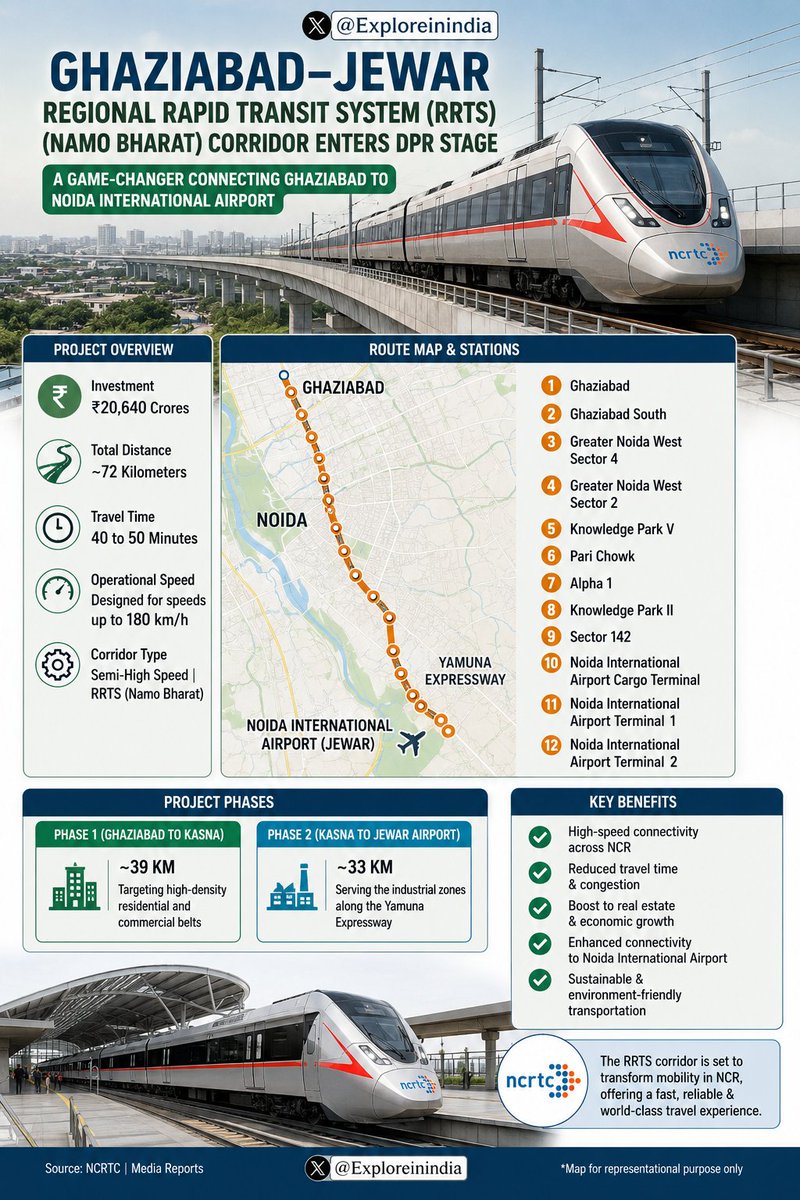 exploreinindia's tweet photo. The Proposed #Ghaziabad–#Jewar RRTS or (Namo Bharat) corridor enters DPR stage, with the featuring 12 stations

🔹Connecting Ghaziabad - Noida to #Noida International Airports🇮🇳
🔹Distance: ~72 Km
🔹Travel Time: ~50 min
🔹Speed: Designed for 180 km/h
🔹 Project Cost: ₹20,640 Cr https://t.co/Q0thow0FjL