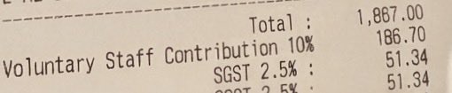 sushmit_sharma's tweet photo. Hey @jagograhakjago, is it legal for restaurants in Mumbai to sneak a "Voluntary Staff Contribution" into the bill by default? Just visited 'The Nines' in Juhu and was charged 10% extra without my consent. When will restaurants stop these coercive tactics?  #TheNinesJuhu https://t.co/z1s1YrF3gx