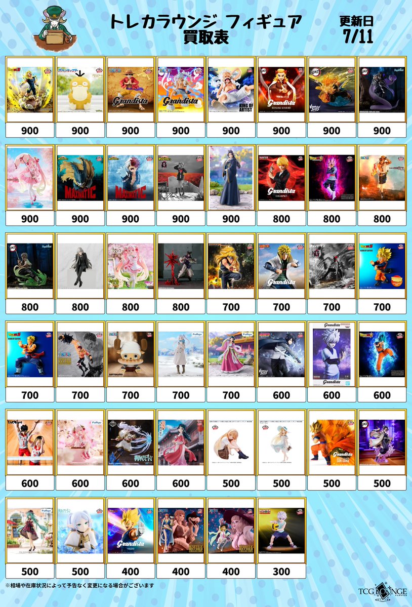 7/11(土)フィギュア買取表 フィギュアの買取ラインナップを追加しま