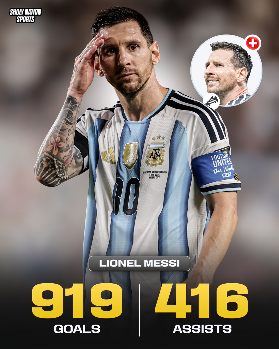 Sholynationsp's tweet photo. 🇦🇷 Lionel Messi’s career stats:

👕 1162 games
⚽️ 919 goals
🎯 416 assists

GOAT! 🐐 https://t.co/ru6SvcwpPD