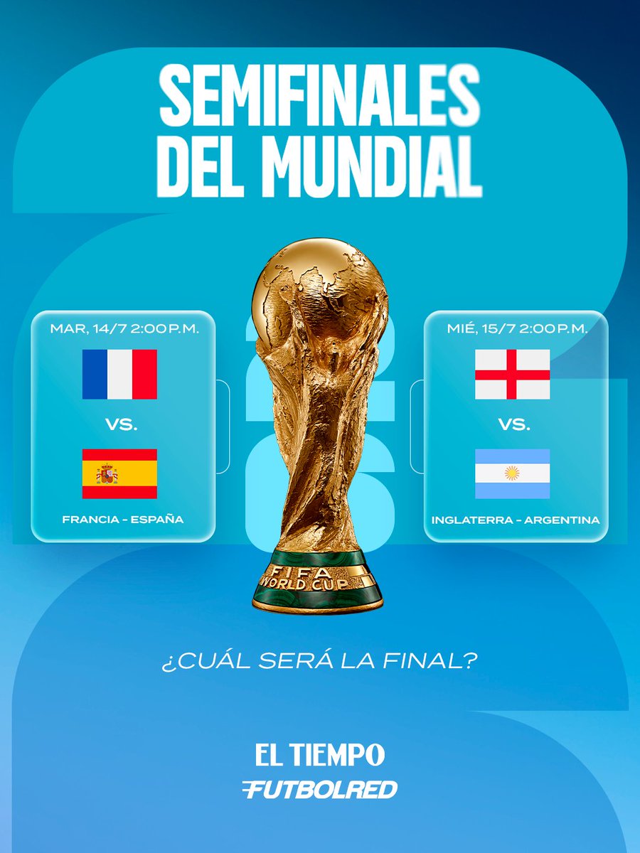 ELTIEMPO's tweet photo. #TiempoDeMundial | ¡Ya están definidas las semifinales del Mundial! 🔥

Francia, España, Inglaterra y Argentina superaron los cuartos de final y ahora buscarán un lugar en la gran final de la Copa Mundial.

Así quedaron los duelos:
🇫🇷 Francia 🆚 España 🇪🇸
🏴󠁧󠁢󠁥󠁮󠁧󠁿 Inglaterra 🆚 Argentina 🇦🇷