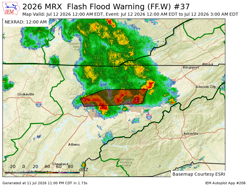 ETSKYWARN's tweet photo. MRX issues Flash Flood Warning [flash flood: radar indicated] for Anderson, Grainger, Hamblen, Jefferson, Knox, Union [TN] till Jul 12, 3:00 AM EDT https://t.co/EMpTnt9d9E https://t.co/g0fFWiiA3Y