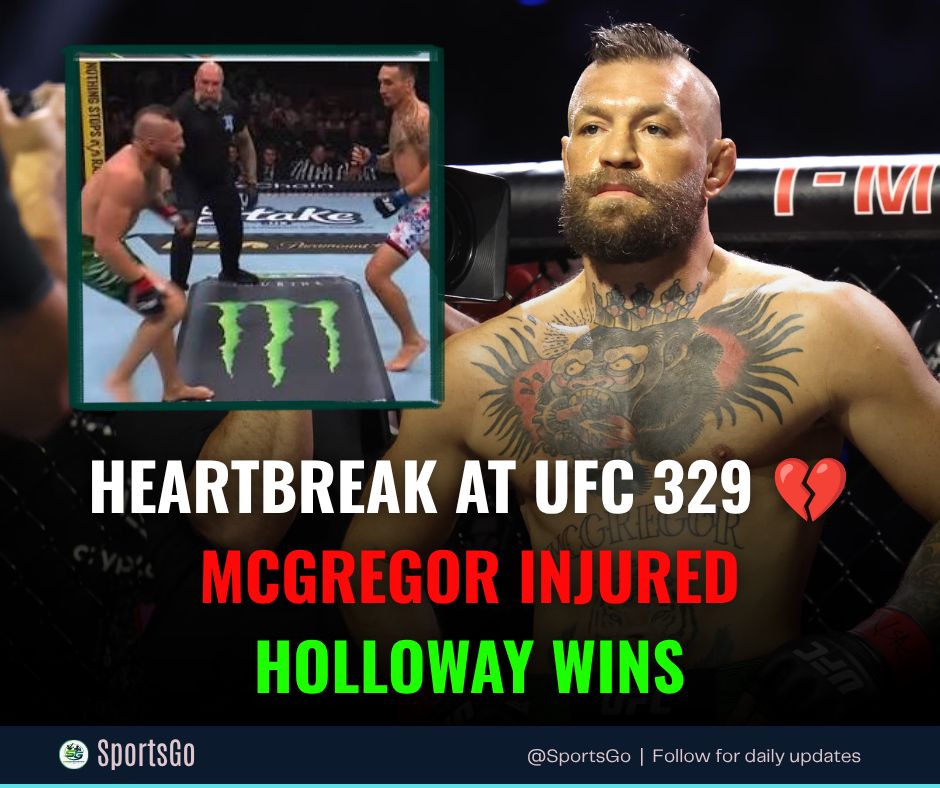 SportsGo9's tweet photo. Max Holloway defeated Conor McGregor by first-round TKO after McGregor suffered a knee injury just 1:09 into Round 1 at UFC 329.

#UFC329 #MaxHolloway #ConorMcGregor #UFC #MMA https://t.co/hNiUr24fTG