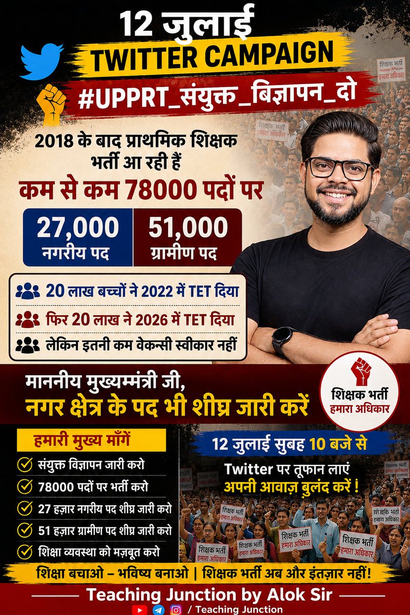Alokm70's tweet photo. 2018 के बाद अब प्राथमिक शिक्षक भर्ती का समय आ चुका है।
कम से कम 78,000 पदों पर संयुक्त विज्ञापन जारी किया जाए।

लाखों TET अभ्यर्थियों की वर्षों की मेहनत का सम्मान करें।
आज सुबह 10 बजे से अधिक से अधिक ट्वीट करें और अपनी आवाज़ बुलंद करें।

#UPPRT_संयुक्त_विज्ञापन_दो https://t.co/i4GtFFHVRr
