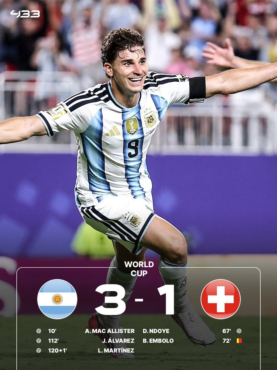 KingVinceIQ's tweet photo. Argentina 🇦🇷 3—1 🇨🇭 Switzerland

Argentina deaf Switzerland 3:1 after extra time

🇦🇷 🇨🇭

#WorldCup2026 #Quarterfinals #Messi #Haaland #Kane #Xhaka #Football #GoodMorning #FIFAWorldCup #NORvENG #ARGvSUI #England      #Argentina      #Norway      #Switzerland      #Quaterfinal #Crypto #Entrepreneur #CFC #StayWinning