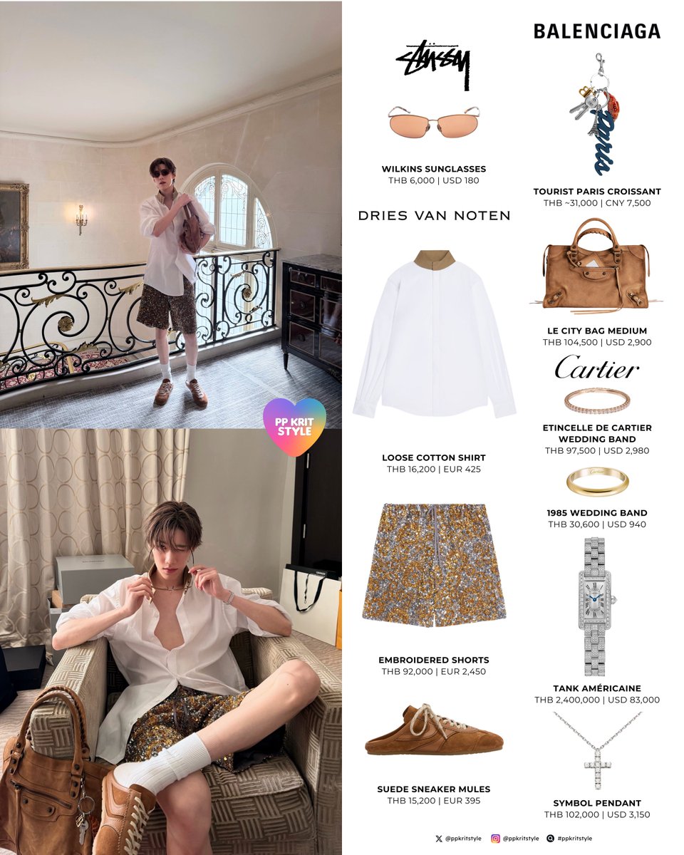 ppkritstyle's tweet photo. 〰️ @ppkritt #Balenciaga55thCouturexPPKRIT

#Balenciaga Spring 27 collection, Le City Bag Medium, Tourist Paris Croissant
#Cartier 1985 Wedding Band, Etincelle de Cartier Wedding Band, Symbol Pendant, Tank Américaine

#PPKRITEnRouteParis
#PPKritt #PPKritEntertainment 
#ppkritstyle

#DriesVanNoten Embroidered Shorts, Loose Cotton Shirt, Suede Sneaker Mules
#Stüssy Wilkins Sunglasses