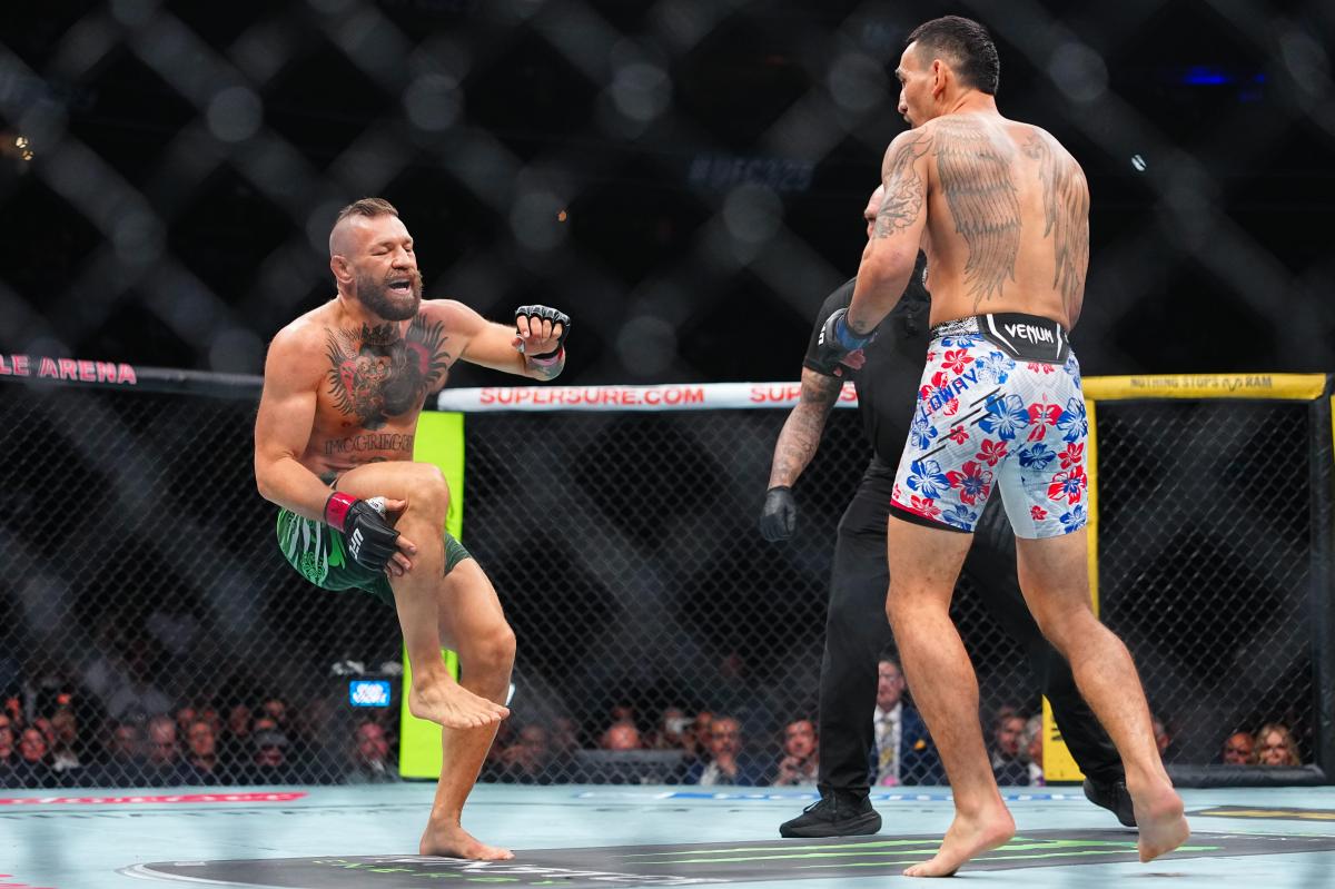 nypost's tweet photo. Conor McGregor injures leg just seconds into fight in quick loss to Max Holloway - and is heavily booed by UFC 329 fans https://t.co/JNsTYKgUaL https://t.co/4dxEP8inJ7