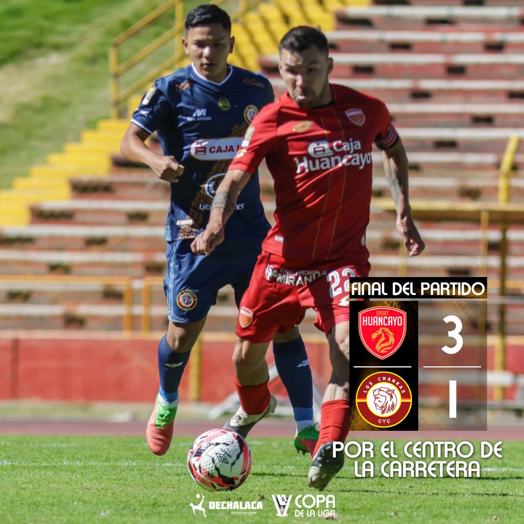 DeChalaca's tweet photo. 🏆🇵🇪 #CopadelaLiga - Octavos de Final

¡FINAL EN EL ESTADIO HUANCAYO!

Huancayo 3 (Piero Magallanes 54', Diego Carabaño 70', Franco Caballero 90')- Chankas CYC 1 (Félix Espinoza 87')

⚠️ Huancayo venció por segunda vez a Chankas CYC como local. La otra también fue por 3-1: en el Apertura de la Liga1 2024, le ganó con anotaciones de Jean Deza, Lucas Cano y Ronal Huaccha; descontó José Miguel Manzaneda.

🔝 #ElCapo Piero Magallanes (15)

La Ficha 👉 https://t.co/k2XiH7Udnk

📸 Prensa Sport Huancayo