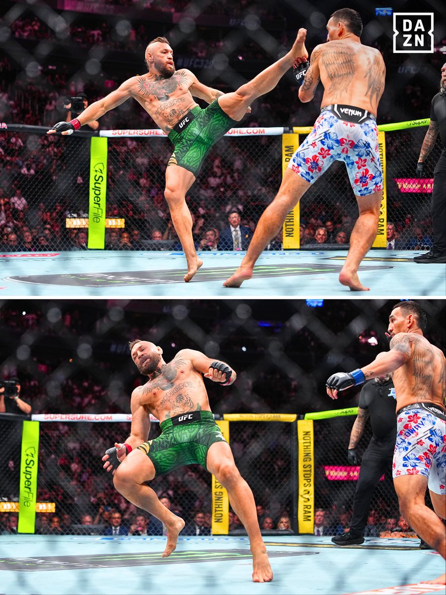 DAZN's tweet photo. An unfortunate (and early) end to this one… 🙃
 
Conor McGregor injures his right knee with his first kick of the fight and is forced to call it off vs Max Holloway 🤐😫

#UFC329 | JULY 11 SAT | Watch UFC Live on DAZN PPV in Select Territories https://t.co/NCONK7PWVD