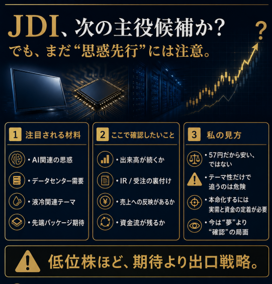 sam_breretbf's tweet photo. JDI、また少しザワついてますね
AI、データセンター、冷却、半導体パッケージ
テーマの並びだけ見ると、確かに資金が反応しやすい材料はあります

ただ、57円だから安いとは限らない
大事なのは「物語」ではなく、受注・売上・資金流が本当に付いてくるか

皆さんはJDI、次の主役候補だと思いますか https://t.co/GXxCDvhcf2