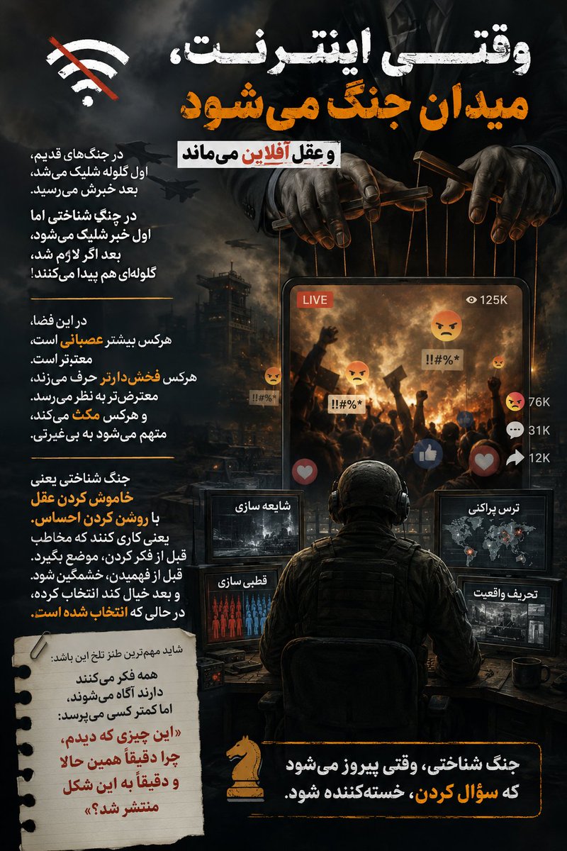nkhoshfar95's tweet photo. ♨️وقتی اینترنت، میدان جنگ می‌شود و عقل آفلاین می‌ماند 

🔷 در جنگ‌های قدیم، اول گلوله شلیک می‌شد، بعد خبرش می‌رسید.
در جنگ شناختی اما اول خبر شلیک می‌شود، بعد اگر لازم شد، گلوله‌ای هم پیدا می‌کنند
#جنگ_شناختی
#رهبر_شهید https://t.co/3oxFTD9Nvq