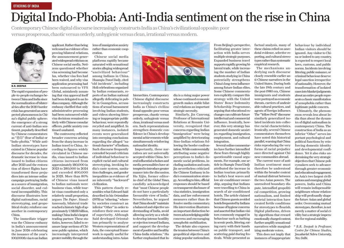BDeepak110's tweet photo. In today's op-ed my take on recent "Indo-Phobia" in China. I argue the phenomenon is less about India than about the dynamics of digital nationalism in contemporary China. The construction of India as an inferior “Other” serves important psychological and political functions by reinforcing domestic identity and developmental confidence. Yet it also risks undermining the very strategic objectives that Chinese leadership seek to advance through greater economic and educational engagement with the Global South.
https://t.co/sXcDG4gAnV