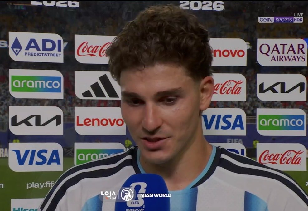 MessiXtraHQ's tweet photo. 🚨🗣️ Julián Alvarez: 

"We will all do everything to ensure Messi wins the World Cup again. We are all at war for him. Every game is a battle for him. The first thing I did when I scored the goal was to hug him." https://t.co/wbPSc1Oi6K