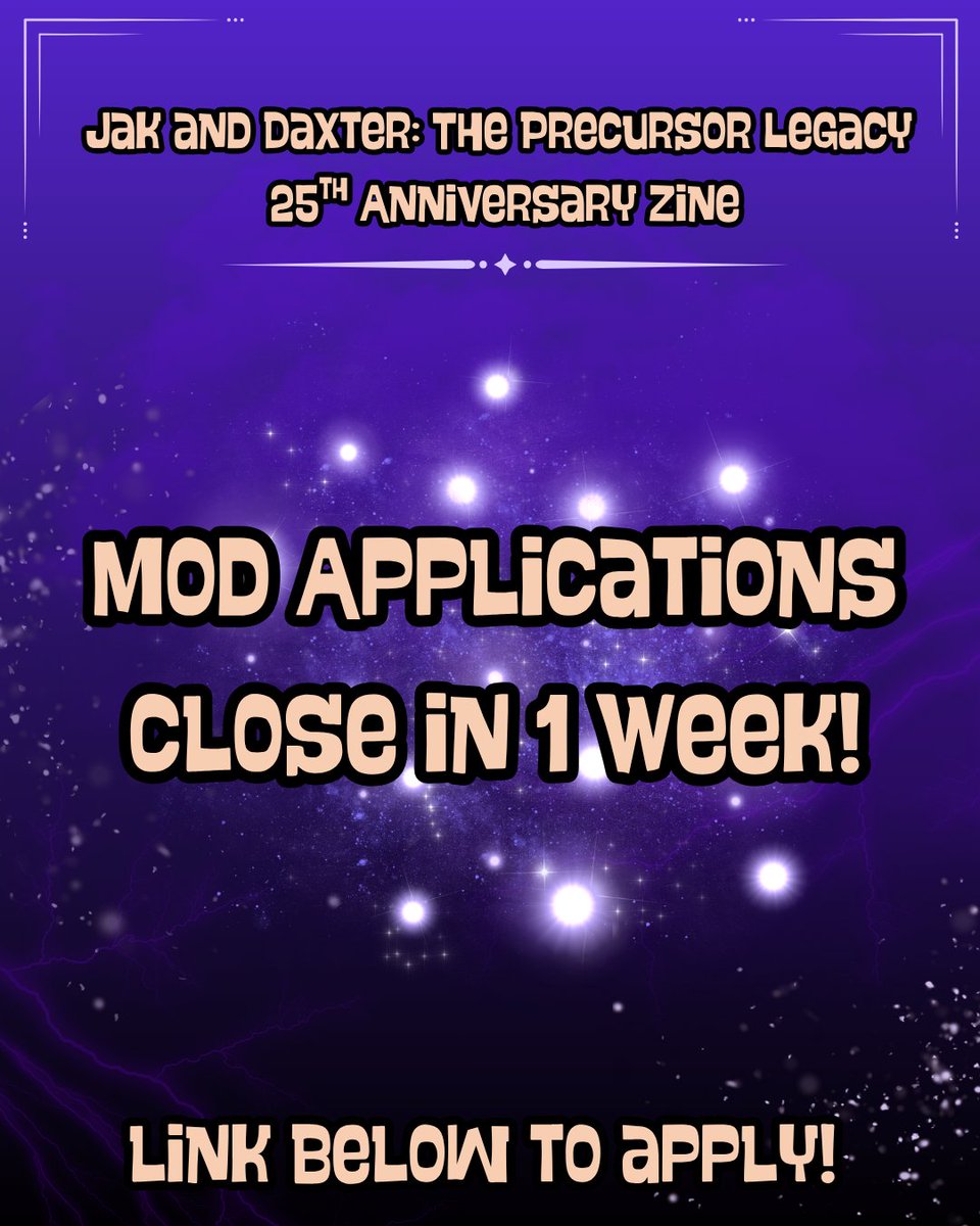 JndZine's tweet photo. Less than one week for contributor and mod applications for the Jak and Daxter: The Precursor Legacy anniversary zine!
Apply 👇
#jakanddaxter #theprecursorlegacy #naughtydogstudios #playstation2 #zineapps https://t.co/MrLnWPW2R4