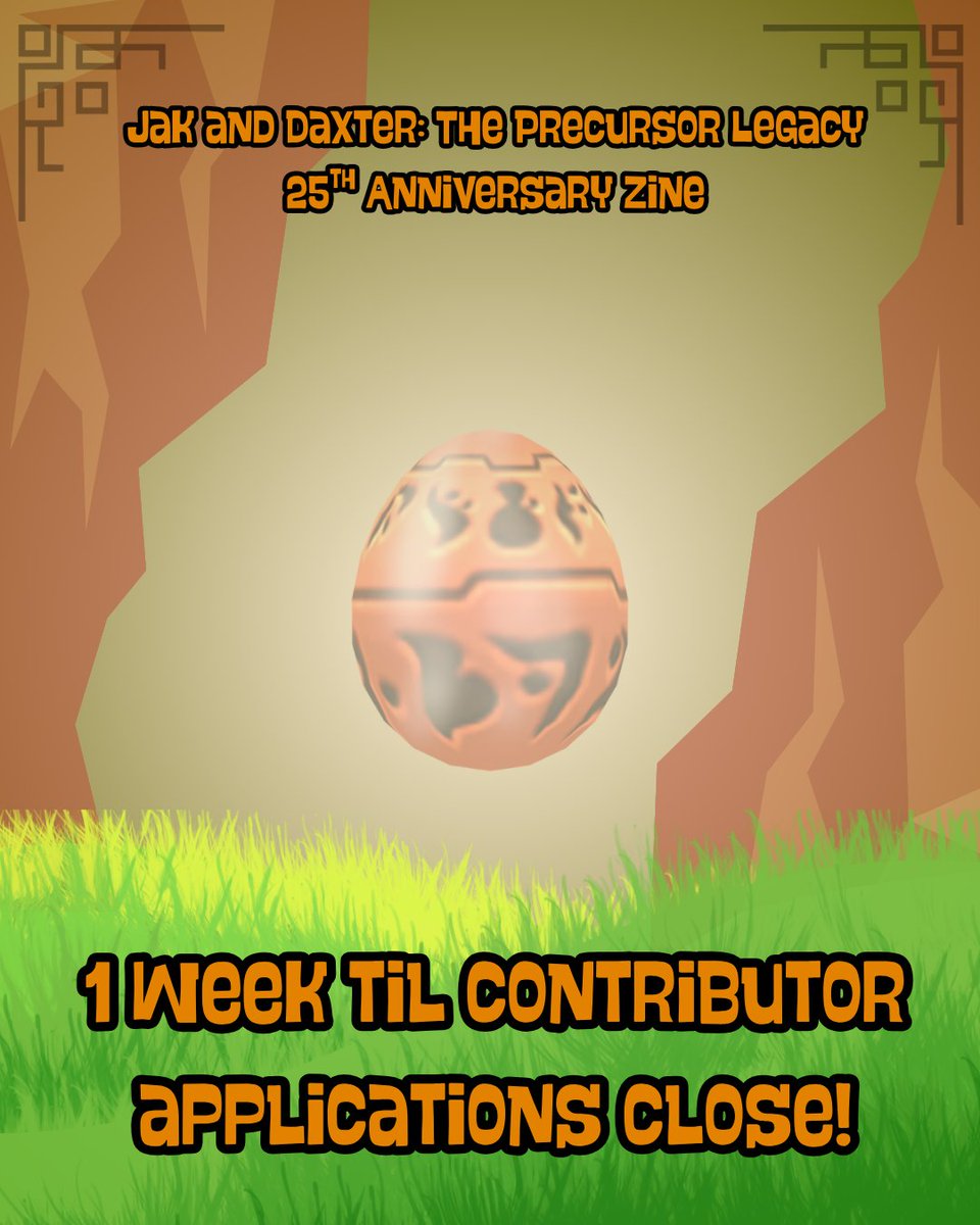 JndZine's tweet photo. Less than one week for contributor and mod applications for the Jak and Daxter: The Precursor Legacy anniversary zine!
Apply 👇
#jakanddaxter #theprecursorlegacy #naughtydogstudios #playstation2 #zineapps https://t.co/MrLnWPW2R4