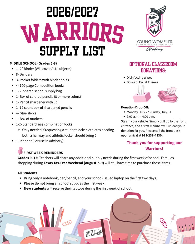 YWAWarriors's tweet photo. YWA Families,

Our 2026-2027 School Supply List has officially arrived! Please review the flyer for grade-level supply lists and first-week reminders!

We'll see you soon Warriors! https://t.co/3dXuWOzRqa