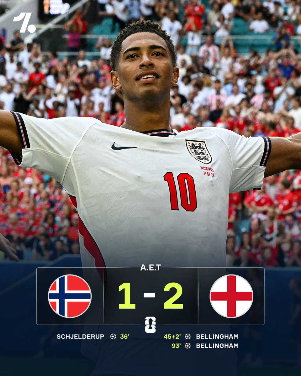 OneFootball's tweet photo. Jude Bellingham delivers a masterclass when England needed him most 🏴󠁧󠁢󠁥󠁮󠁧󠁿 

The superstar sends the Three Lions into the World Cup semifinals 🔥 https://t.co/WlwfltfY5z