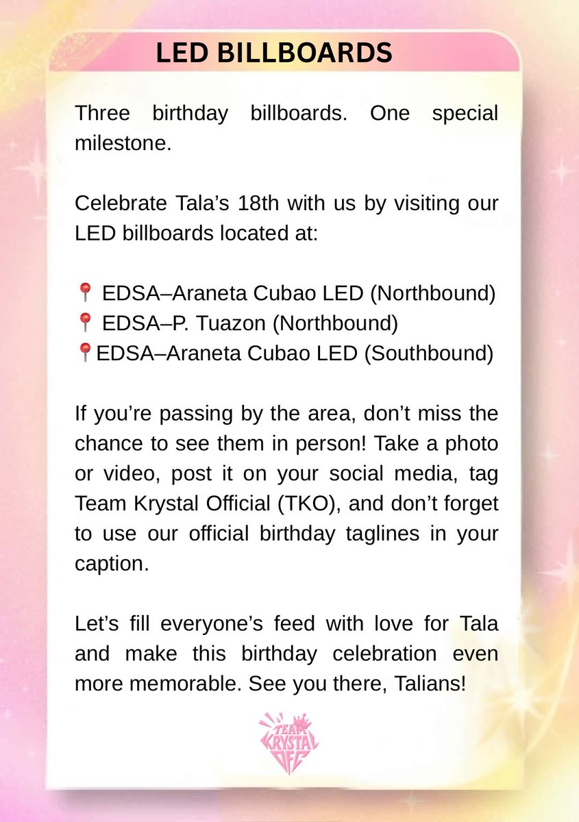 _tkoteamlive's tweet photo. Tala’s birthday billboards are officially up! 

Read the statement below for the locations and how you can be part of this special project.

KRYSTAL MEJES TURNS EIGHTEEN 
#TALA18DDAY https://t.co/Q4h8S7lhoJ