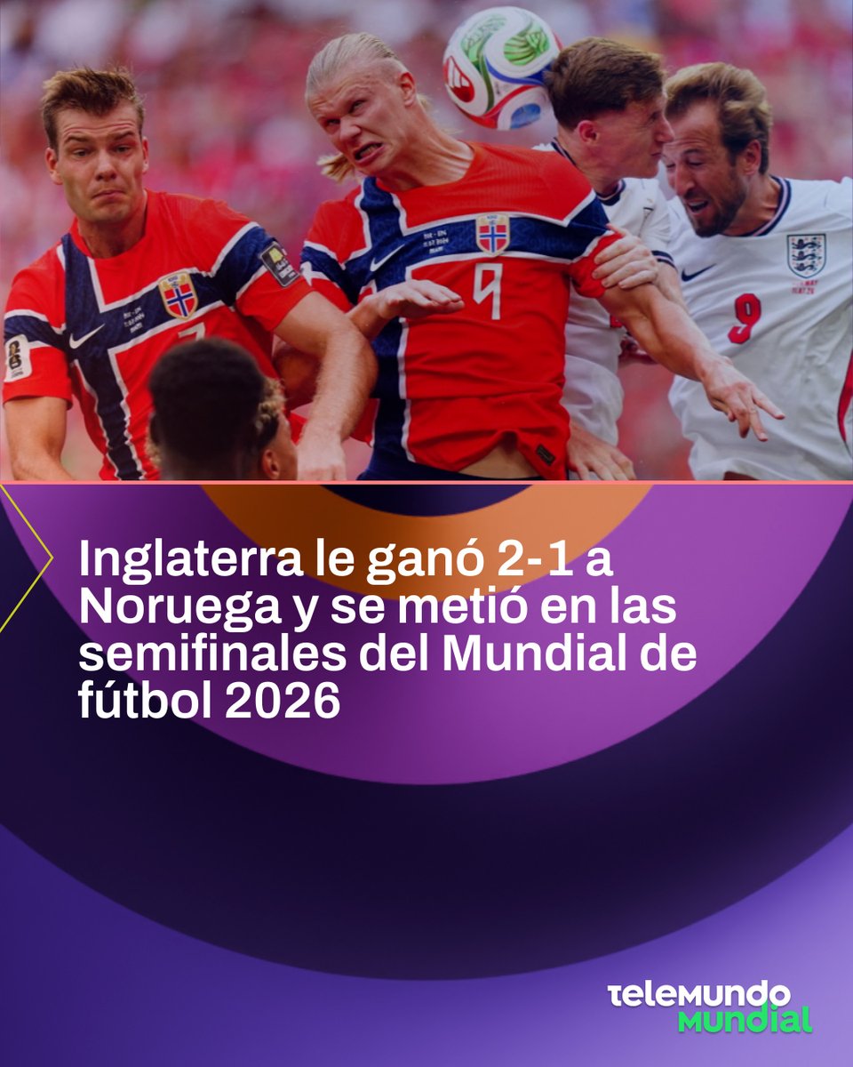 TelemundoUY's tweet photo. 🏴󠁧󠁢󠁥󠁮󠁧󠁿🇳🇴 Inglaterra le ganó 2-1 a Noruega y se metió en las semifinales del Mundial de fútbol 2026.

La definición se dio tras un alargue que llevó el partido hasta pasados los 120 minutos en Miami (Estados Unidos).

Los noruegos abrieron el marcador con un gol de Andreas Schjelderup (36'), pero Inglaterra empató justo antes del descanso por intermedio de Jude Bellingham (45'+2'), quien luego amplió la ventaja a los 93’.

Ahora Inglaterra enfrentará al ganador de Argentina-Suiza.