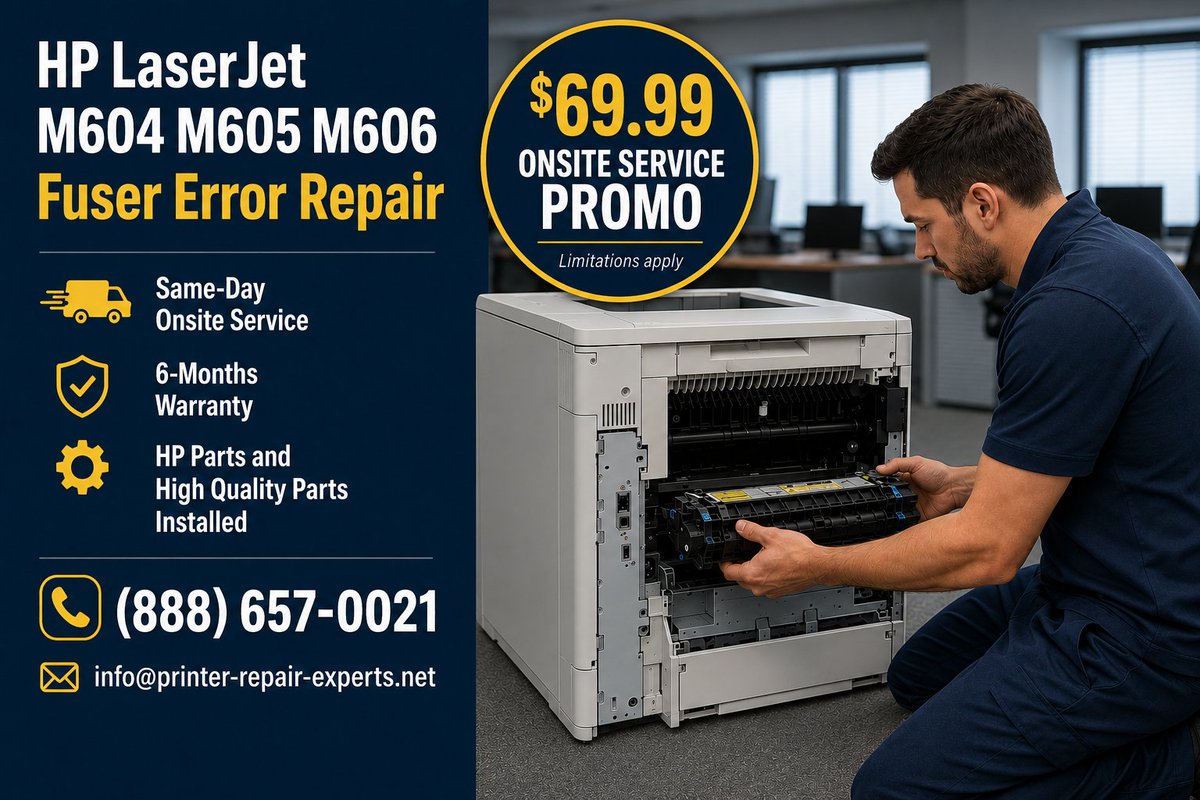 PrinterRepairX's tweet photo. Is an HP LaserJet M604, M605, or M606 fuser error stalling your office productivity? Our newly published guide simplifies the diagnosis process so you can identify hardware issues and cut down on costly downtime. Read it here: https://t.co/Q4qxfy3L8g #HPLaserJet #TechSupport https://t.co/mOc4VlNsLz